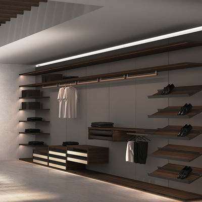গুণ  Sliding Door Master Walk In Closet Furniture Wood Aluminium With Linear LED কারখানা